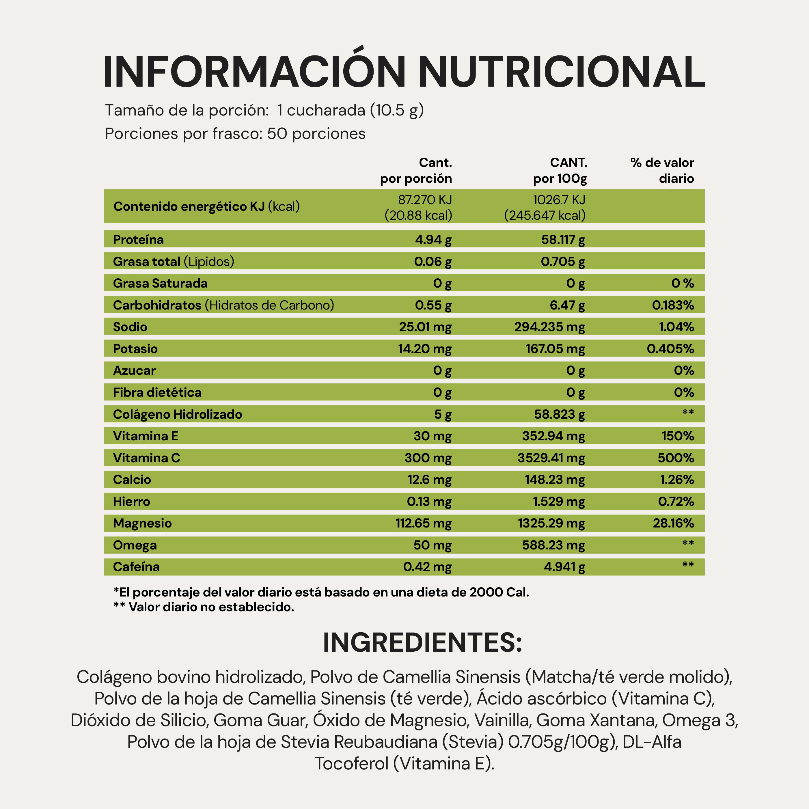 Colágeno Matcha | 450 gr | Colágeno Hidrolizado Puro con Matcha, Vitaminas C, D, E, Magnesio y Omega-3