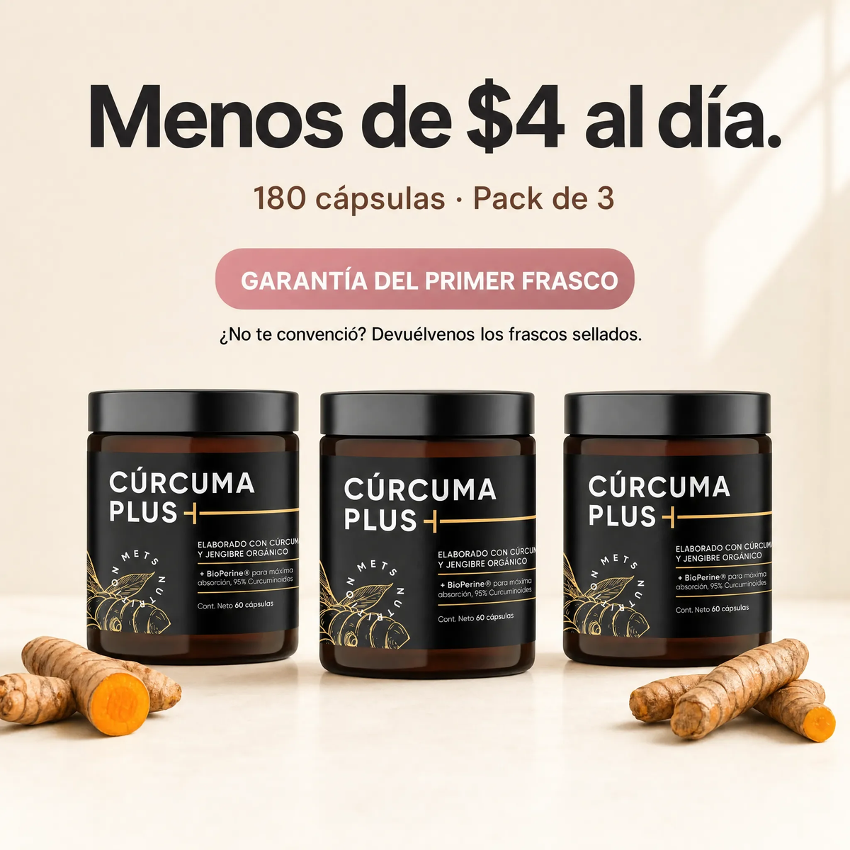 Cúrcuma Plus | Pack de 3 (Paga 2) | 60 cápsulas c/u (180 cápsulas total) | Cúrcuma con Pimienta Negra y Jengibre