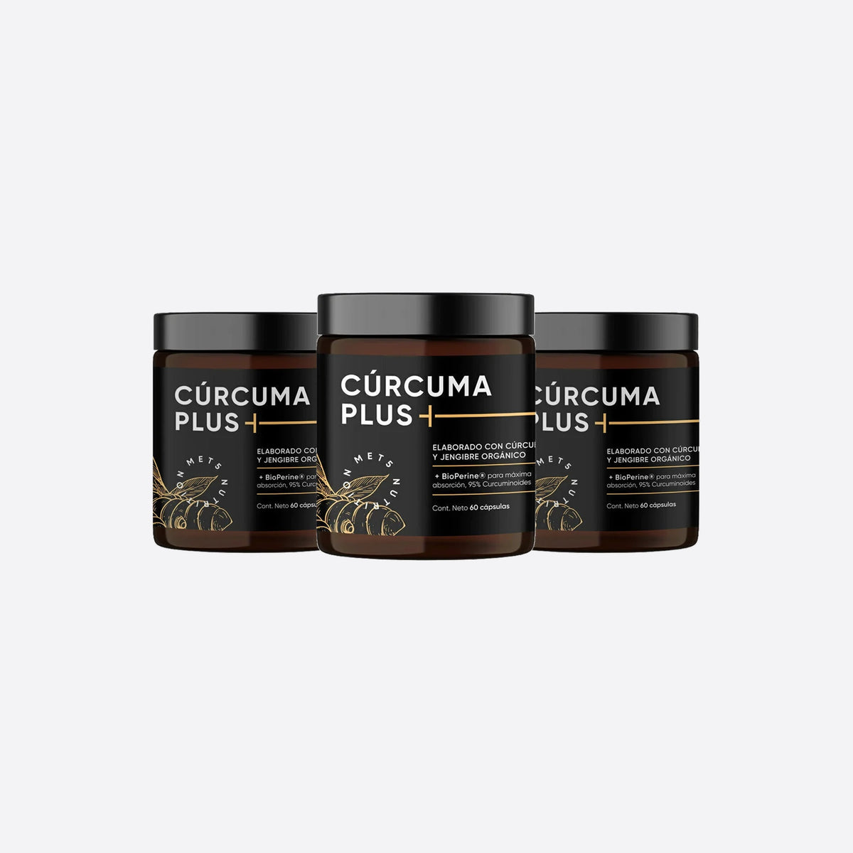 Cúrcuma Plus | Pack de 3 (Paga 2) | 60 cápsulas c/u (180 cápsulas total) | Cúrcuma con Pimienta Negra y Jengibre