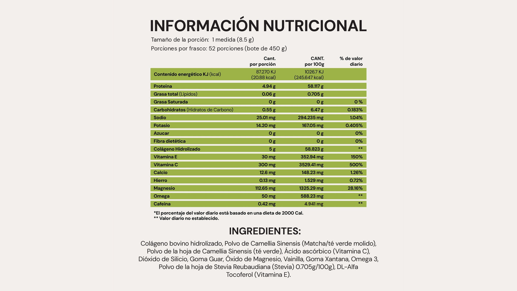Colágeno Matcha | 450 gr | Colágeno Hidrolizado Puro con Matcha, Vitaminas C y E, Magnesio y Omega-3